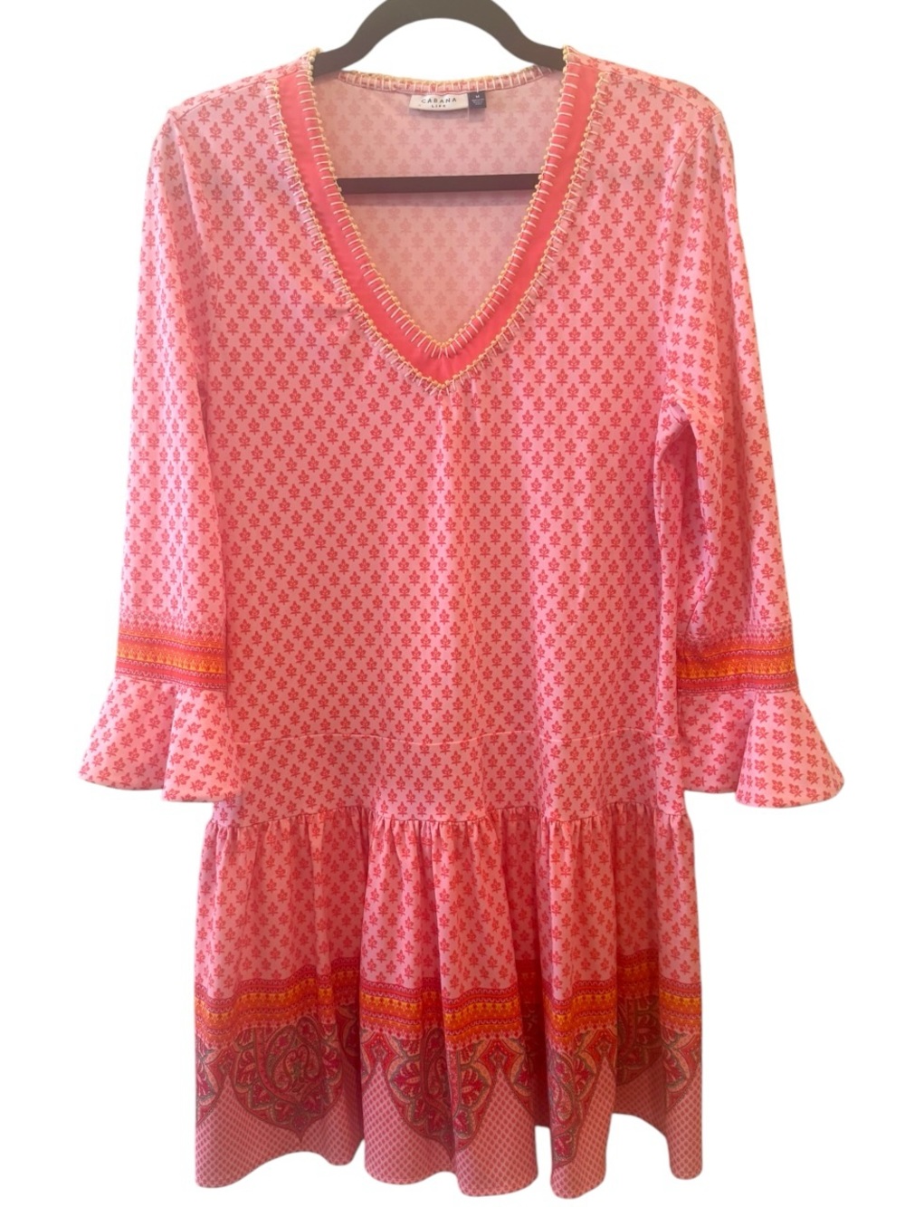Cabana Life Womens Pink Drop Waist V-Neck Tunic Dress Beaded Collar New Size M
